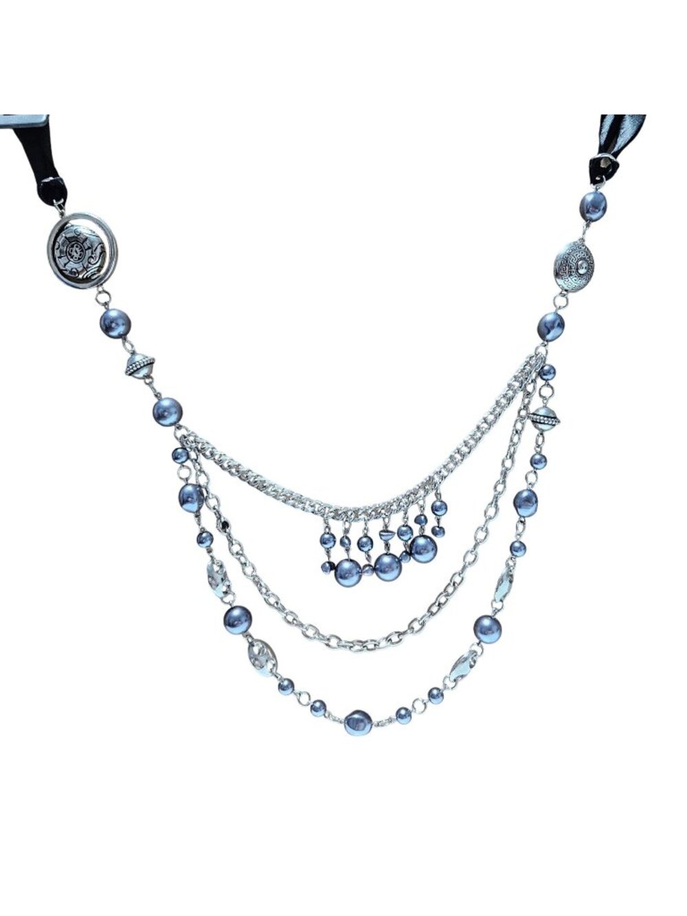 Y2K Blue Beaded Bib Necklace Ribbon Multi Strand Silver Tone Steampunk Jewelry